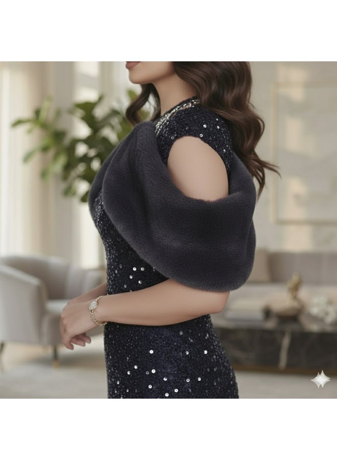 FULL JOY Elegant Long Dress with Soft Fur Detailing on the Shoulders for added Elegance and Beauty - Image 5